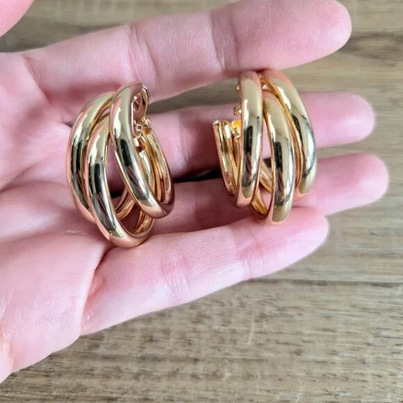 Gold tone large triple loops clip on earrings. - Picture 2 of 4